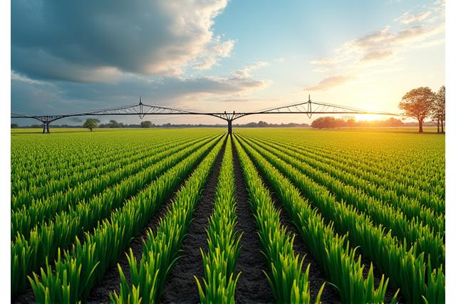Champ agricole sous un ciel clair, avec des technologies d'irrigation modernes.