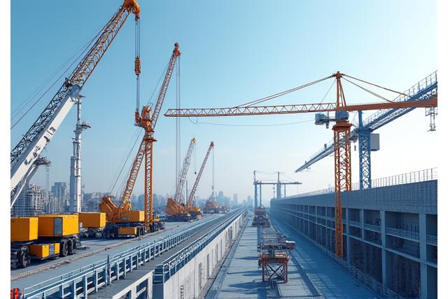 Chantier de construction moderne avec des grues sous un ciel dégagé, illustrant la planification météo.