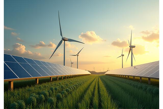 Panneaux solaires et éoliennes sous un ciel dynamique, symbolisant l'énergie verte.