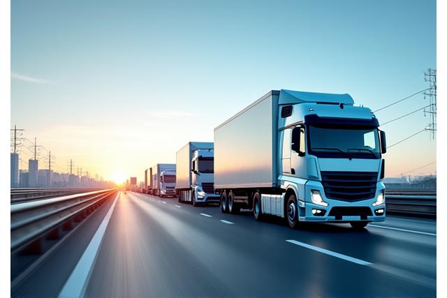 Camion de livraison roulant sur une autoroute par temps clair, avec des données de logistique superposées.