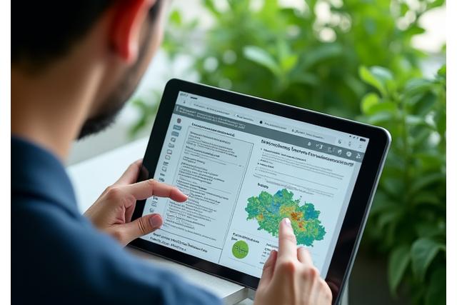 Image d'une personne consultant des cartes et des données environnementales sur une tablette, symbolisant le conseil environnemental.