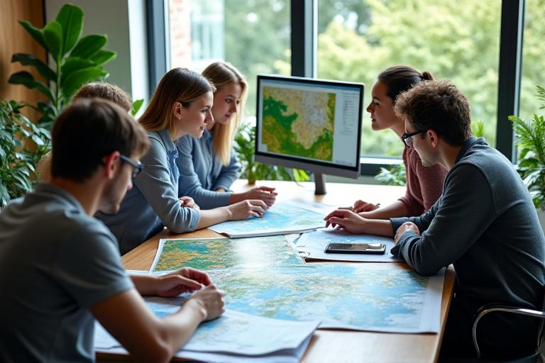 Personne consultant des cartes et des données environnementales, symbolisant le conseil environnemental.